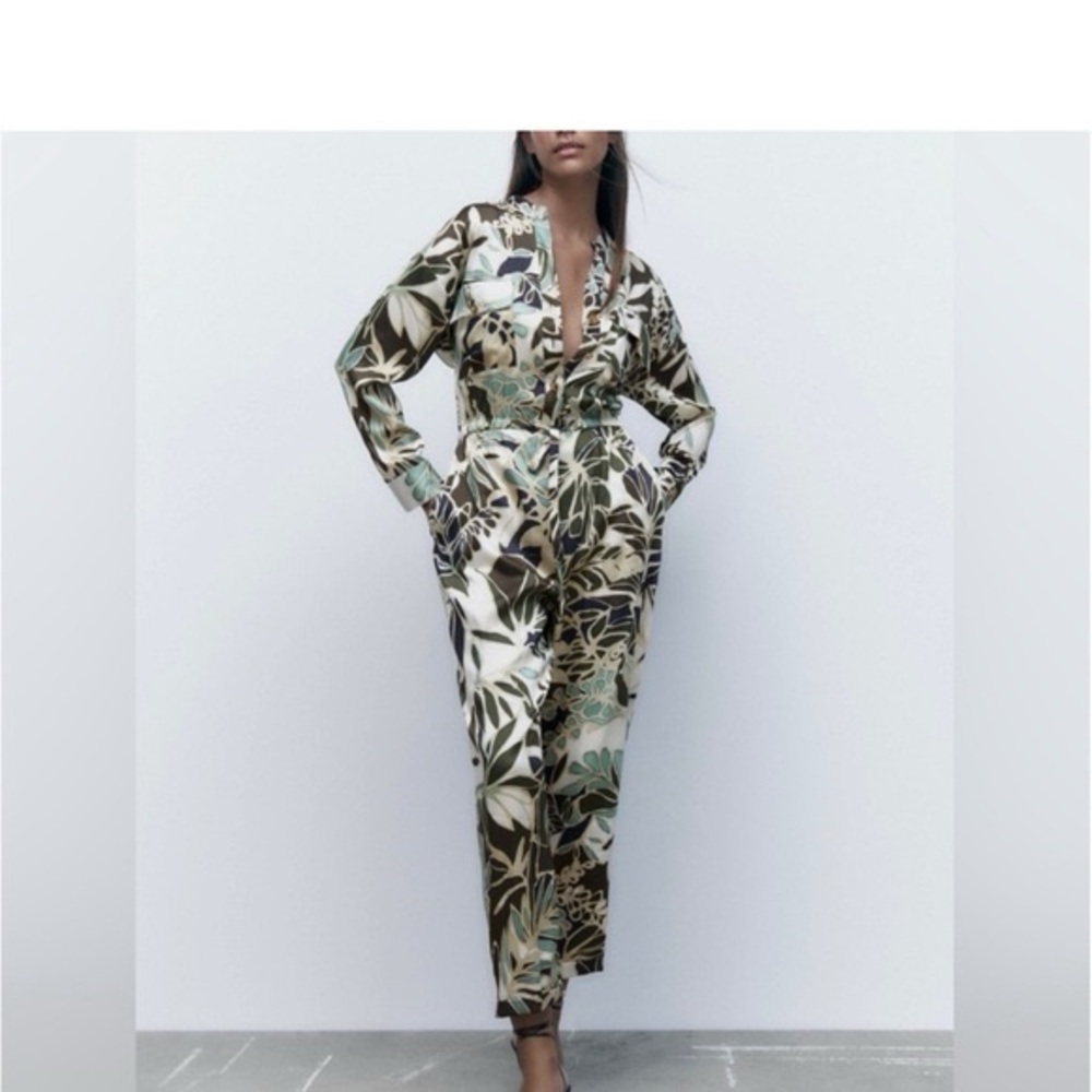 Zara Olive & Cream Floral Satin Jumpsuit